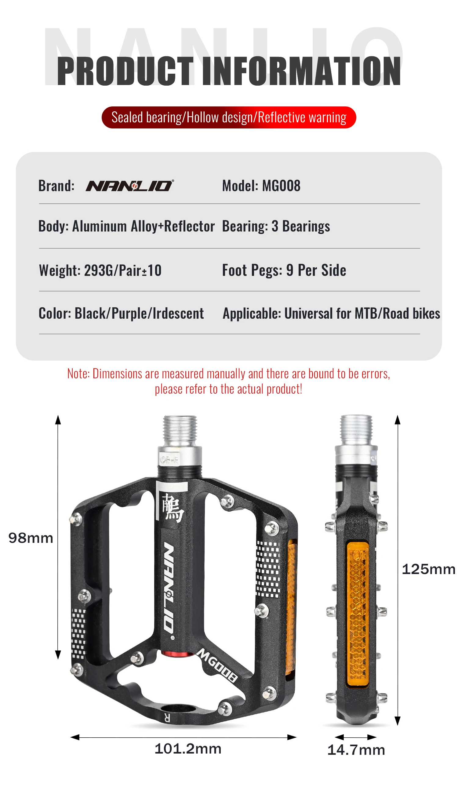 Nanlio Mountainbike Pedale, Cross Country, Trail, 6 abgedichtete Lager, breite Plattform, 2 Reflektoren, 18 Anti-Rutsch-Stifte, 290g Paar – Detail 3