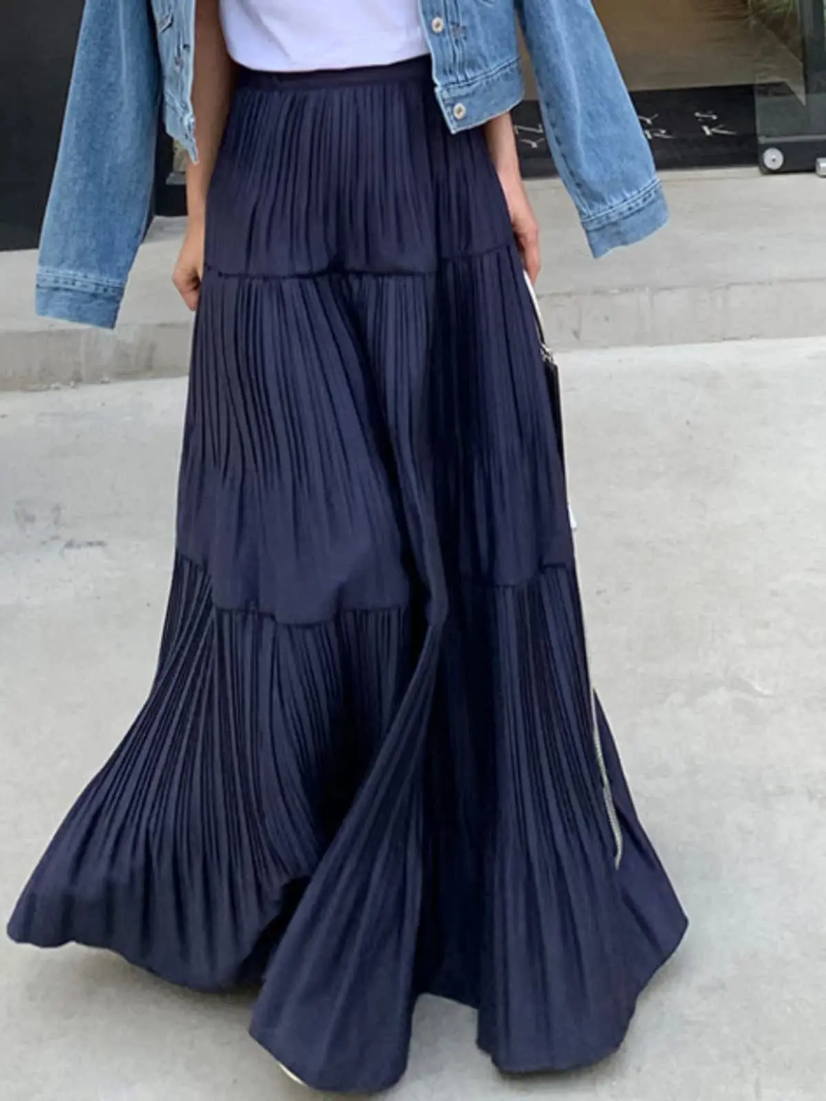 Saia midi e e cada em linha a, cintura alta, emaecimento, design assimétrico, babado cleto, estilo coreano, s...