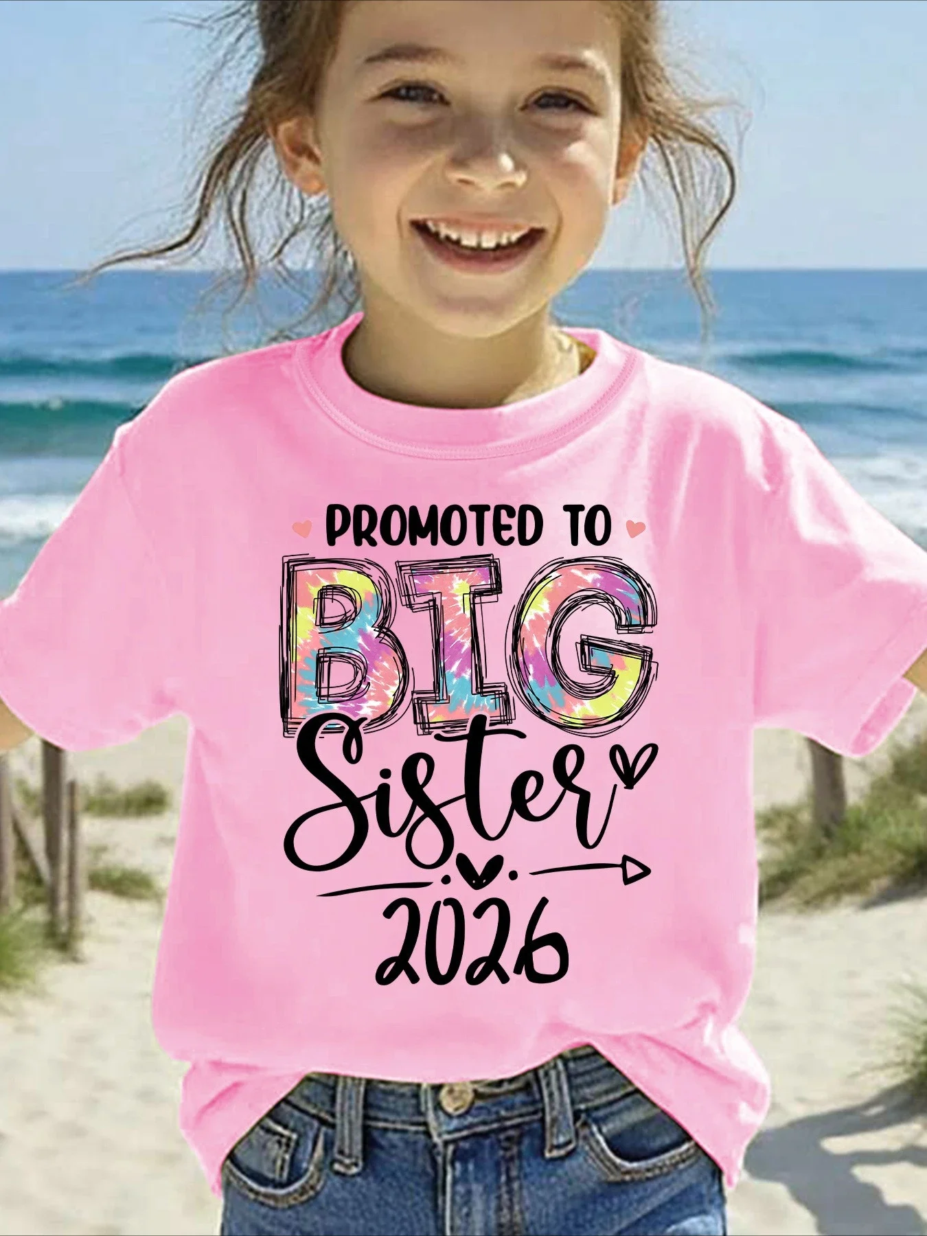 Girls' Promoted to Big Sister 2026 Short Sleeve T-shirt Casual Versatile Summer Fashion Funny Children's Top Letter Print