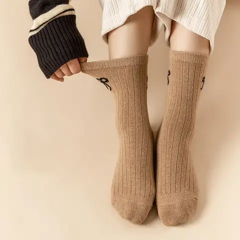 Women's Autumn Winter Socks Hick Warm Bow Wool Socks Soft High Elastic Sock Mid Tube Sock Cashmere Solid Color Socks Cotton Sock