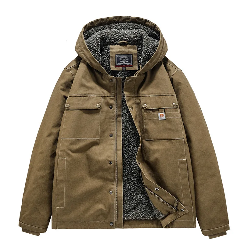 New Fashion Men Hooded Fleece Warm Down Jackets Casual Fit Coats Quality Male Cotton Multi-pockets Cargo Jackets Tooling Coats 4