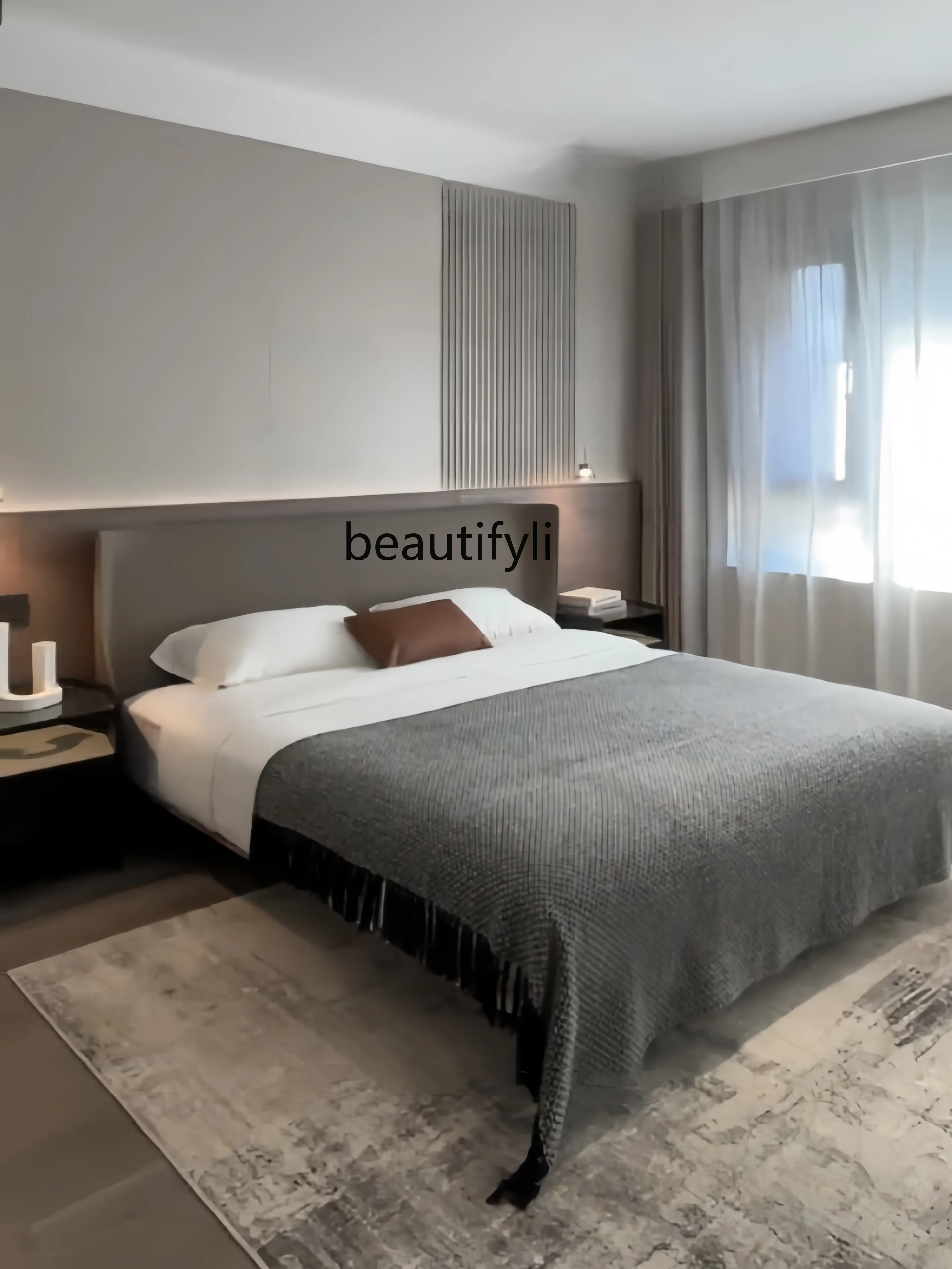 

Modern master bedroom wedding bed, large apartment, elegant leather Italian style high-end minimalist light luxury soft bed