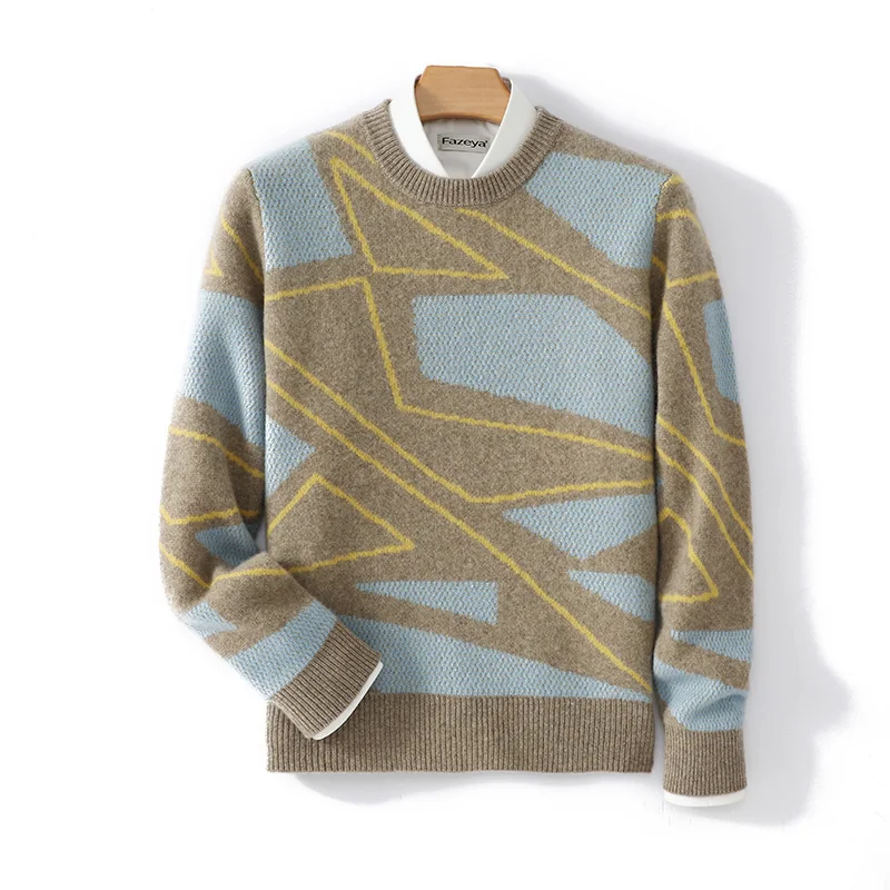 

Men's 100% Wool Sweater Autumn Winter New Style Crew Neck Long Sleeve Casual Loose Cashmere Knitted Sweater Full Length Sleeve