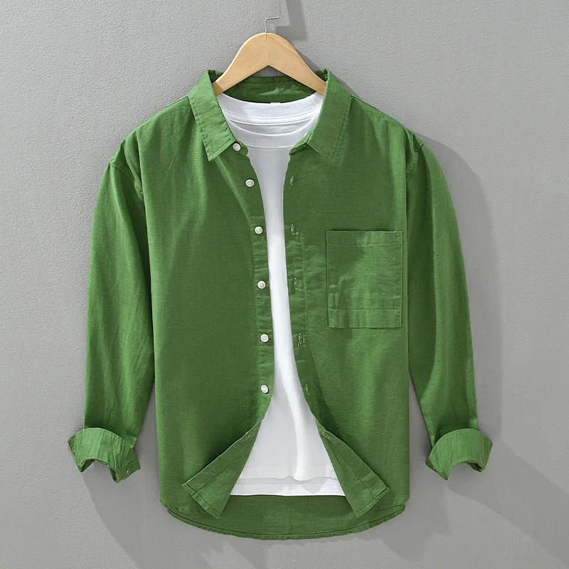 

Breathable Cotton Linen Shirt Men Spring Summer Daily Causal New Shirts Lapel Long Sleeve Green Shirt Simple Basic Shirts Male