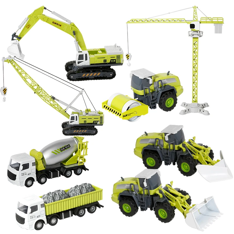 1:55 8 estilos verde claro Diecast simulación ingeniería vehículo excavadora volquete camión grúa aleación juguetes para niños