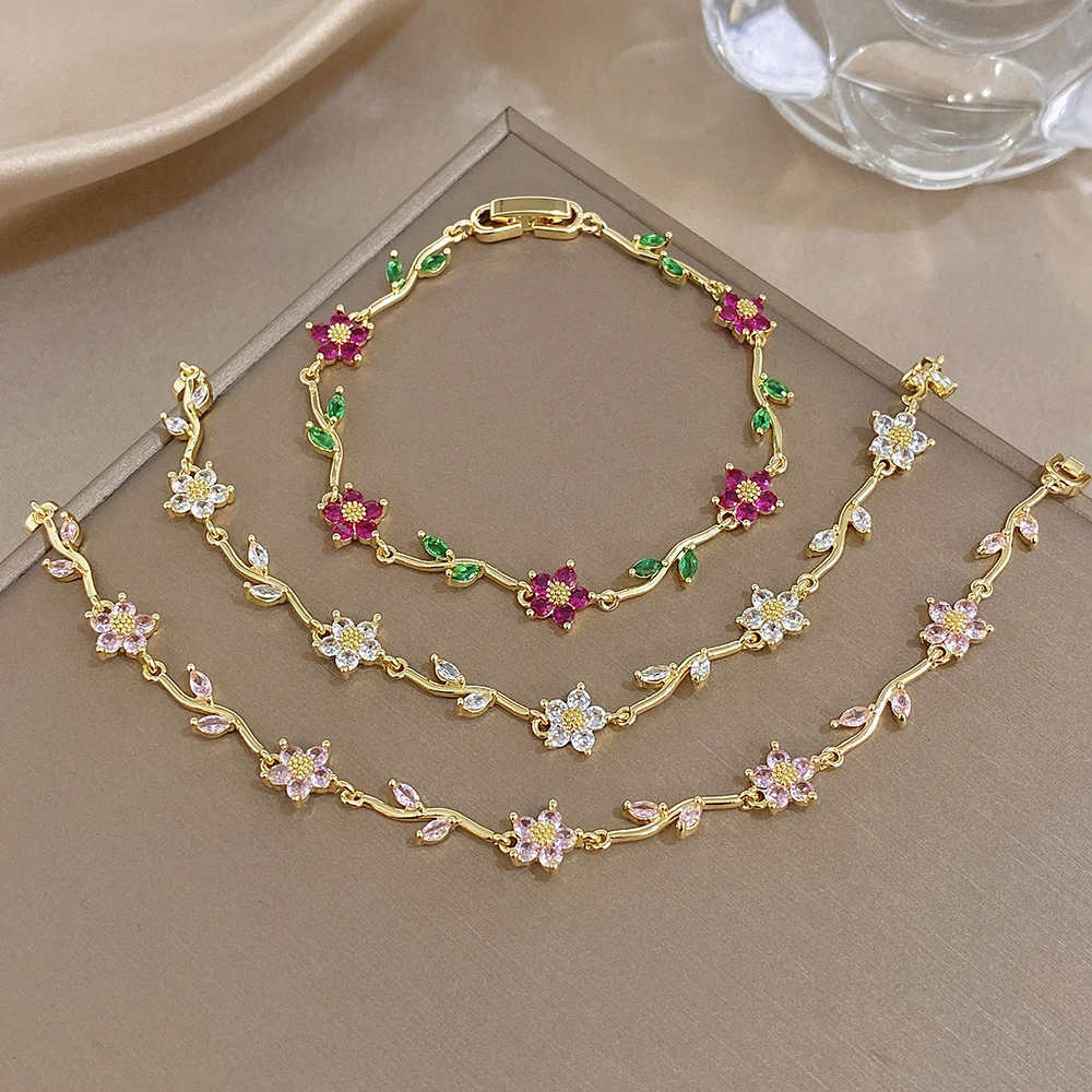 Greatera Tide Multiple Color Flower Rhinestone Branch Leaf Bracelet Dopamine Niche Sense Stainless Steel Women's Bangle Gifts