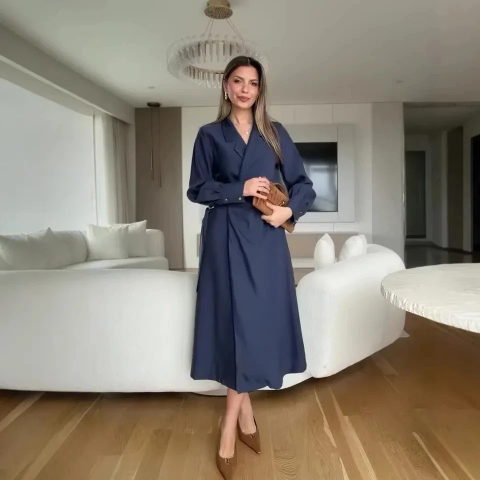 

2026 Spring New Fashion Elegant Professional Office Style Wrap Tie Belt Midi Dress Women