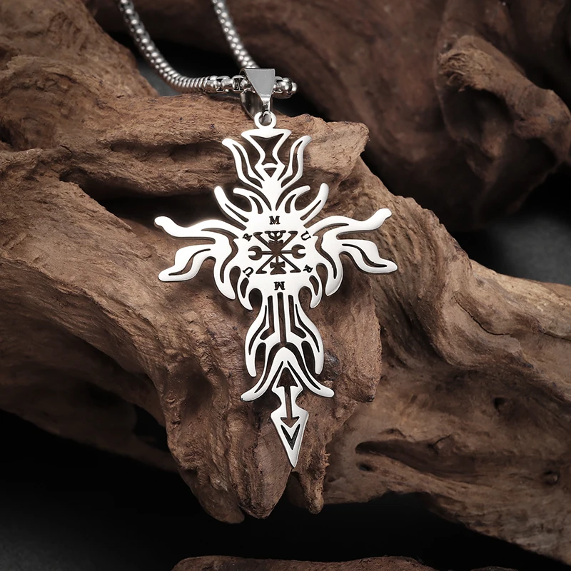 Beautiful Stainless Steel Cut Hollow Flame Cross Pendant Necklace for Men and Women Personalized Punk Jewelry