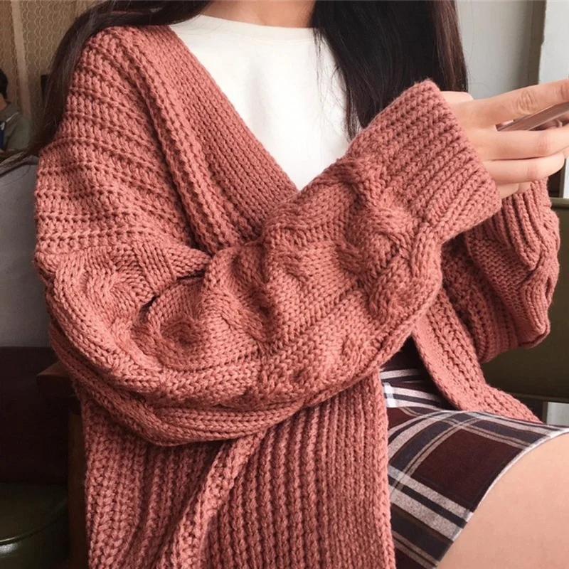 Korean Oversized Knit Sweater Autumn Winter New Women Fashion Sweet Long Sleeve Twisted Knitted Coat Open Front Sweater Cardigan