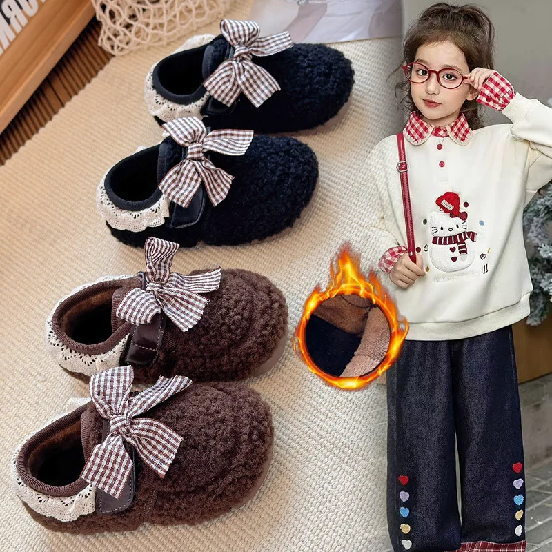 

Winter Children's Cotton Shoes Warm Plush Casual Shoes Girls Retro Lace Bow Kids Non-Slip Comfortable Toddler Outdoor Flat Shoes