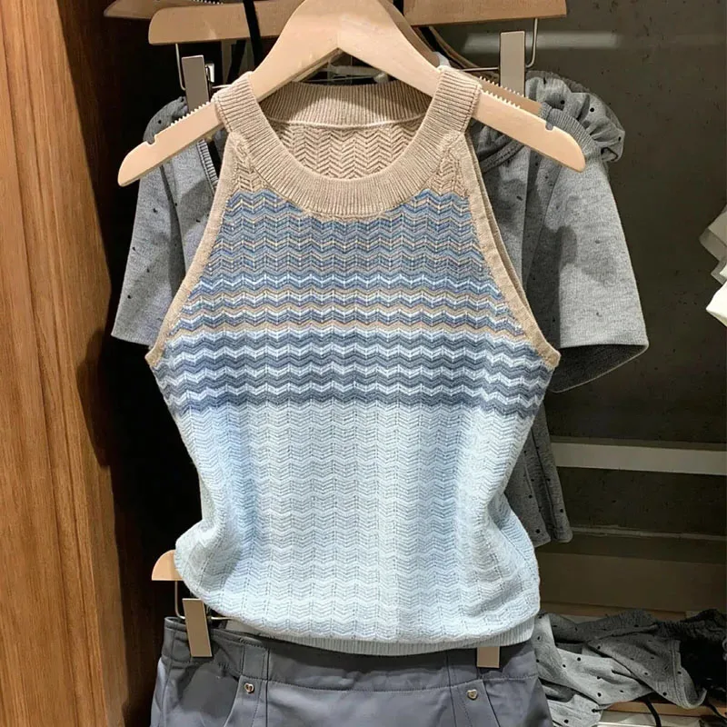 

Knitted Sweater Women Pullovers Fashion Summer Halter Knit Sweater Pullover Women Tops Sleeveless Striped Sueters De Mujer Q3754