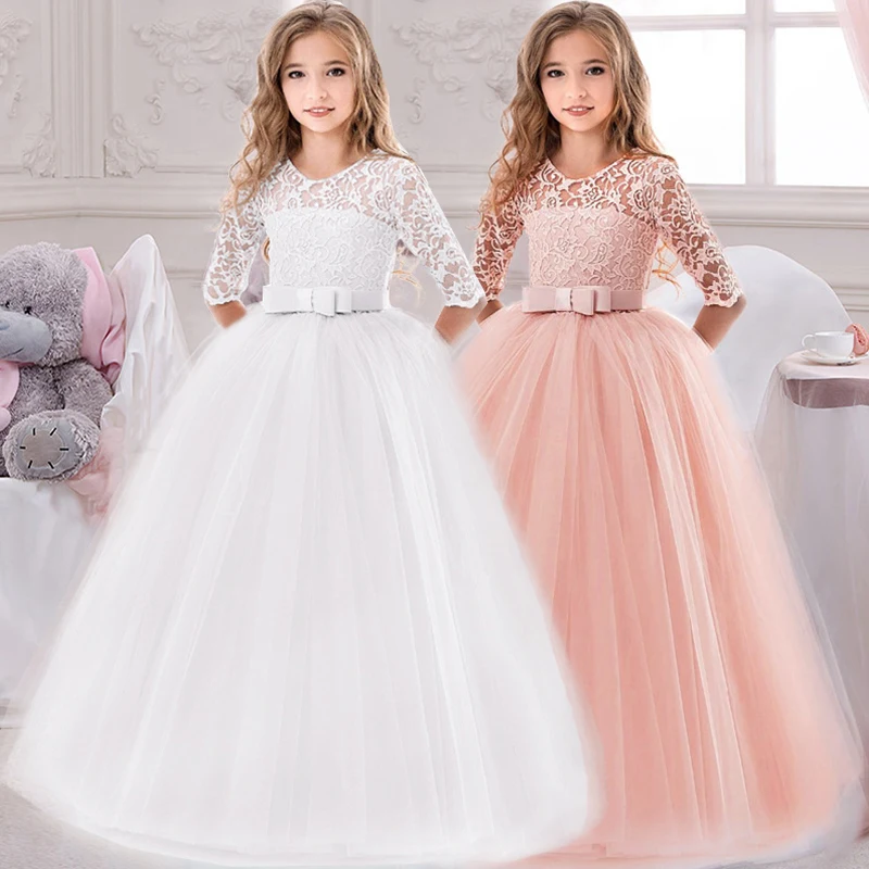 Evening Formal White Pink Elegant Bridesmaid Wedding Baby Girls Princess Dresses Lace Long Sleeves Kids Clothes Vestidos Verano