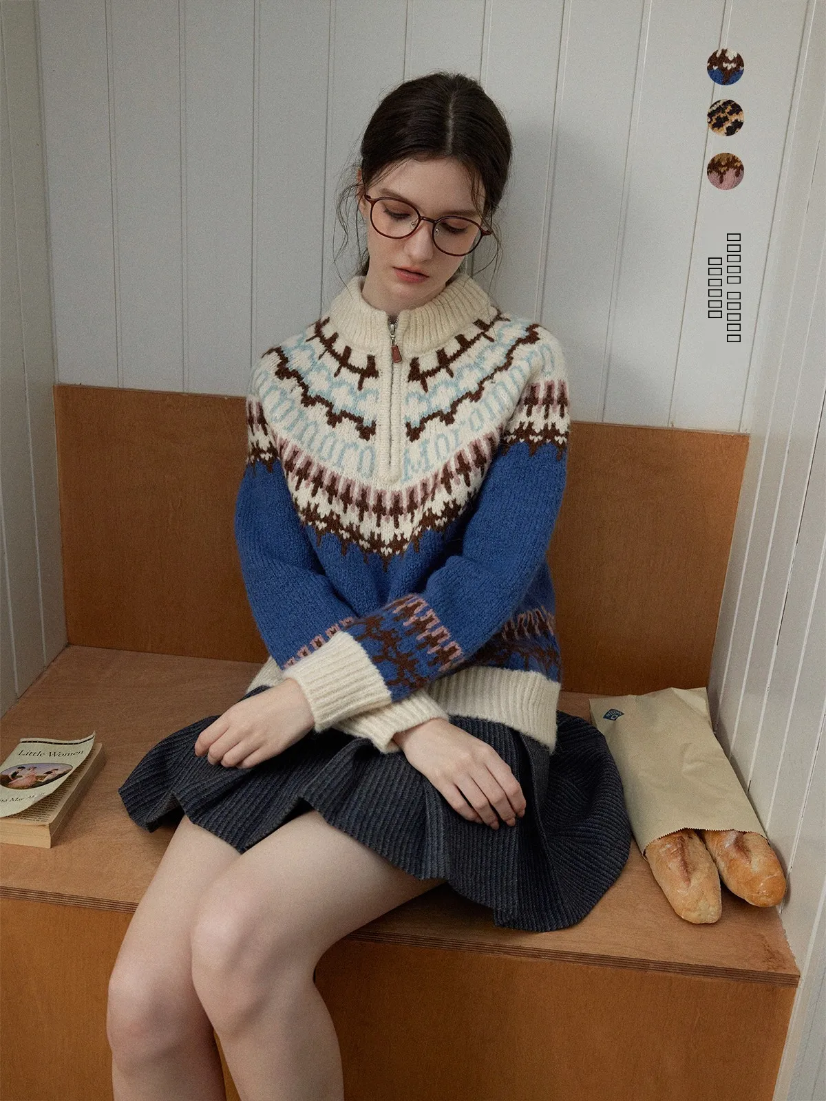 

Вязаный свитер Feilao Island для женщин с молнией, осенне-зимний, винтажный, с цветочным узором, длинный рукав, теплый, термо.