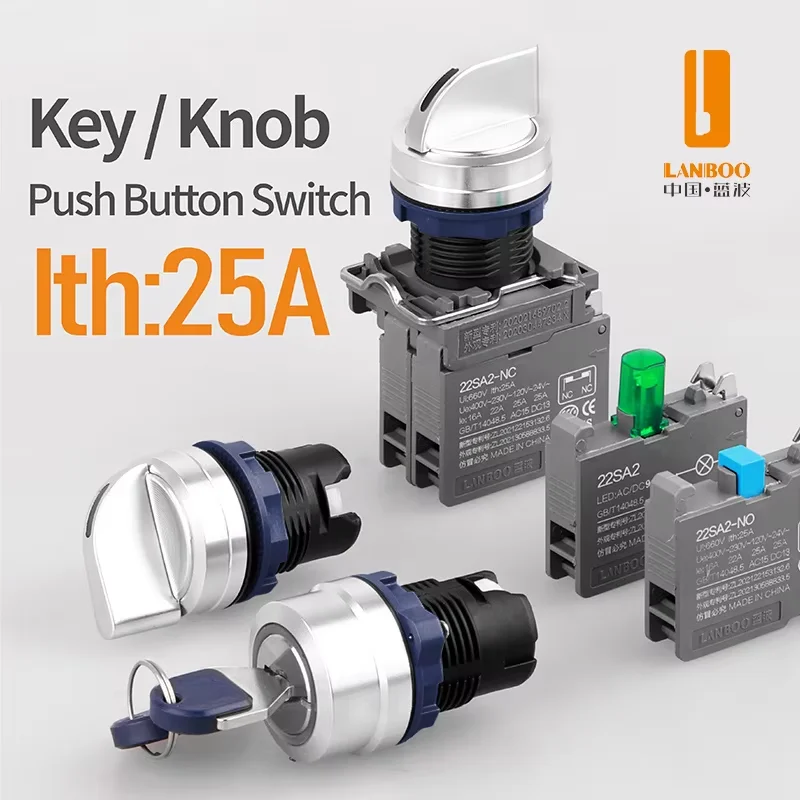 LANBOO 22mm Key Switch/Selector Switch with Self-Locking Function, 1NO/2NO, Screw Terminal Wiring, with LED