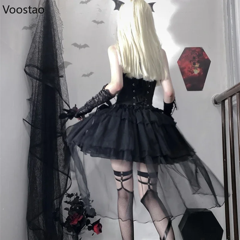 Victorian Vintage Gothic Lolita Jsk ผู้หญิงน่ารักโบว์ลูกไม้ Rose Y2k ชุดมินิปาร์ตี้ Girly Harajuku เจ้าหญิงคอสเพลย์ Vestidos