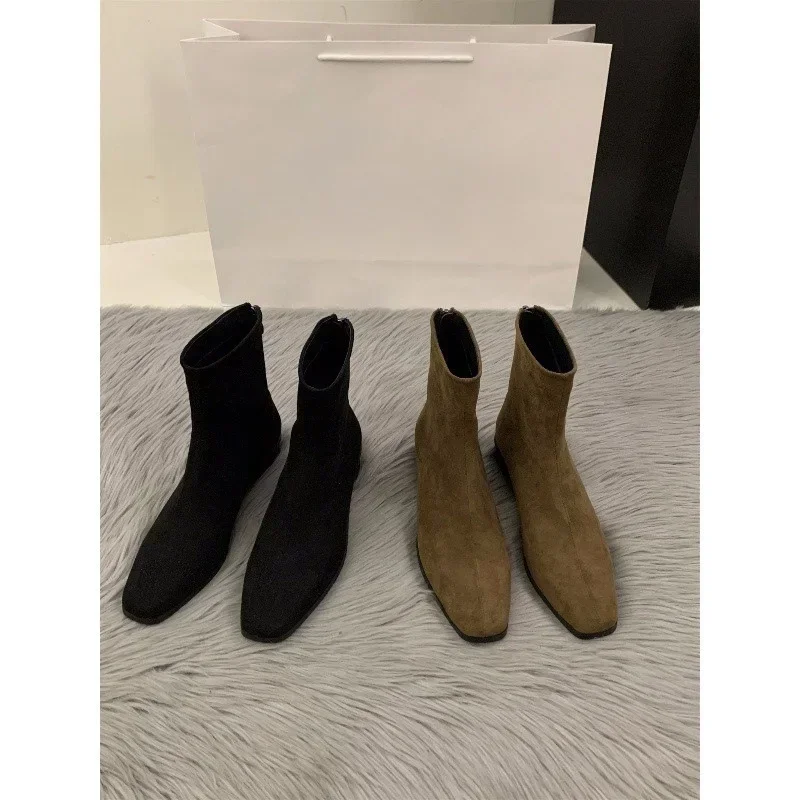 Moda donna stivaletti inverno pelle scamosciata tacchi alti primavera autunno scarpe a punta in pelle scamosciata di lusso Block stivaletti con