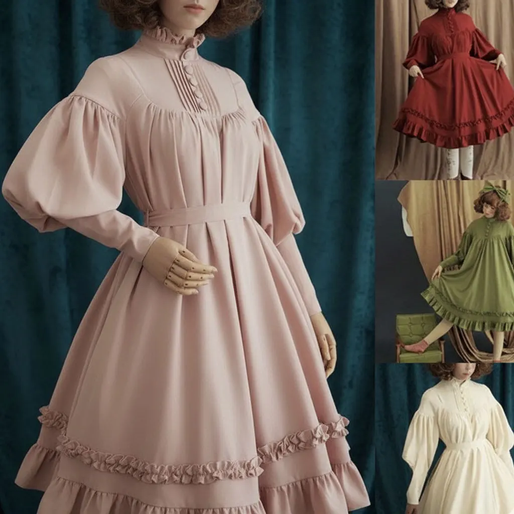 

Maid Cosplay Dress - Loose Button Stand Collar, Ruffle Lantern Sleeve Lolita Dress