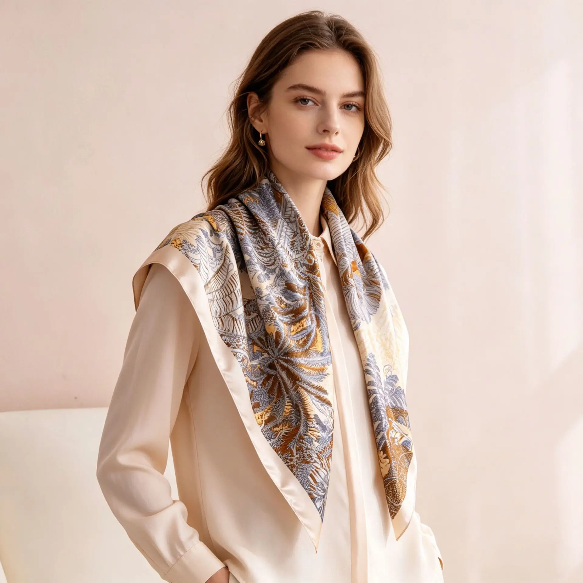 Atmosphere Simulation Silk Scarf 90 Square Scarf Small Fresh Professional Wear Temperament Printed Scarf Decoration Dual-purpose