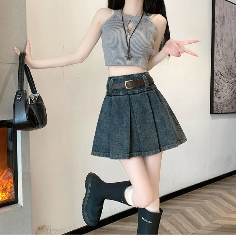 

Blue Retro Denim Pleated Skirt for Women Summer High-waisted Slim A-line Half-body Y2k Skirt with Belt Fashion Mini Skirt Female