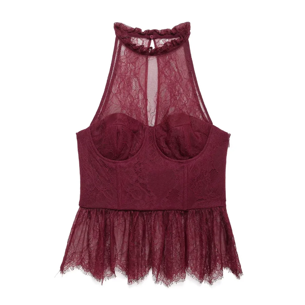 

2025 BM&MD&ZA Women's Halter Neck Lace Top with High Neck Detail, Padded Bust and Flared Hem Feminine and Chic