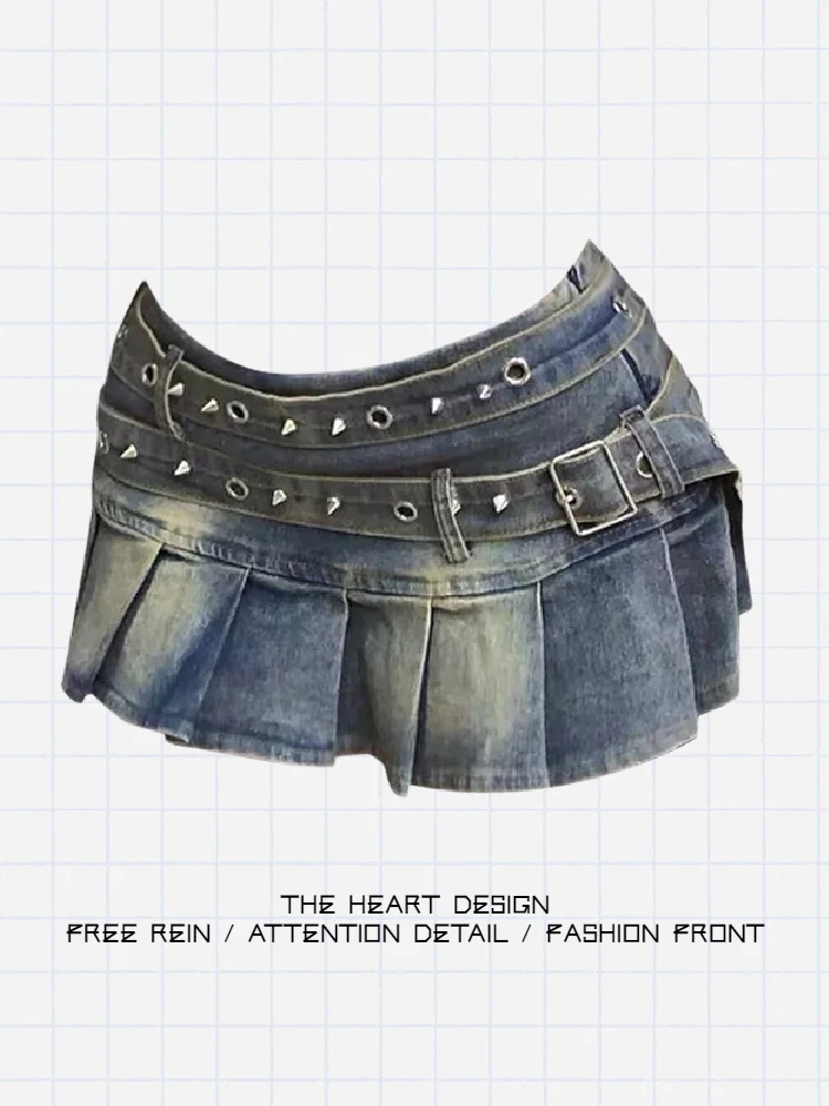 

Retro American Low Waist Denim Skirt Women Summer High Street Design A-Line Slim Pleated ort Skirt Teenage Girls
