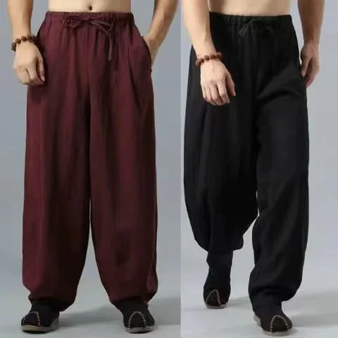 Spring Summer Men's Cotton Linen Casual Pants Chinese Style Loose Fit Bell Bottoms Large Crotch Pants Lantern Harem