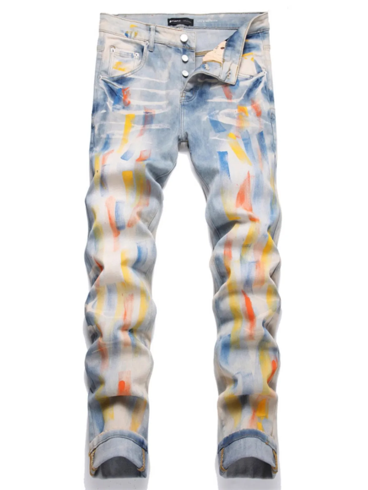 

Мужские джинсы с цветным распылением краски и принтом, эластичные узкие джинсовые брюки, американские тонкие мужские джинсы, мужские уличные вечерние брюки-карандаш