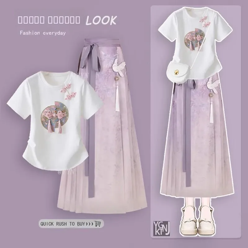 

New Chinese Sle Women's ort Sve T-irt Hanfu Top Design Sensation Face Skirt Two-Piece Set Faionable Casual Wear