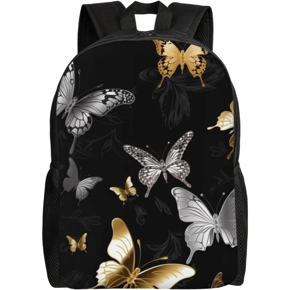 

Gold White Butterflies Black Laptop Backpack For Women Men College Backpack Work Business Computer Bag Lightweight Bookbag Teach