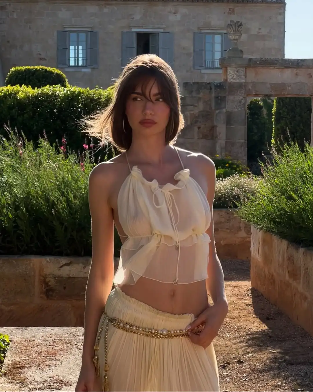 

Bohemian Sheer Halter Evening Dress Crop Top with Ruffles Pleated Maxi Skirt Set Backless Lace-up Vintage Beige Fairy Prom Gown