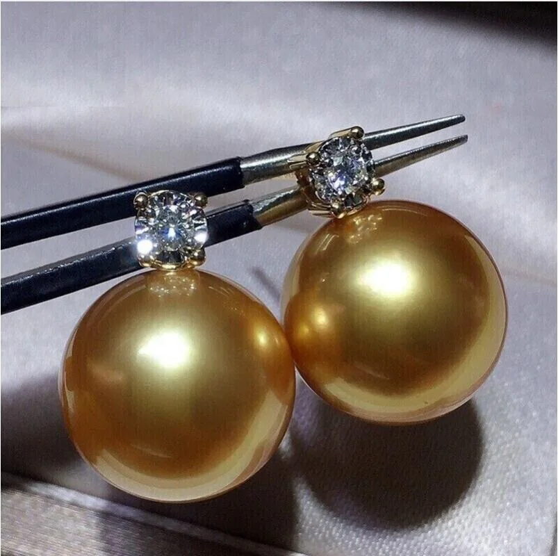 AAAA++++ Gorgeous Huge 10-11mm Round South Sea Golden pearl earring 18K