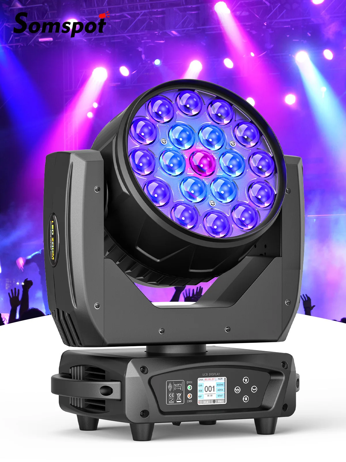 Somspot 19x15W Beam Moving Head Lichter RGBW LED Fokussierende Lichter Wash Zoom Moving Head DMX Bühneneffekt-Beleuchtungsprojektor für Disco Party Konzert Hochzeit Theater Live Show Bar Club