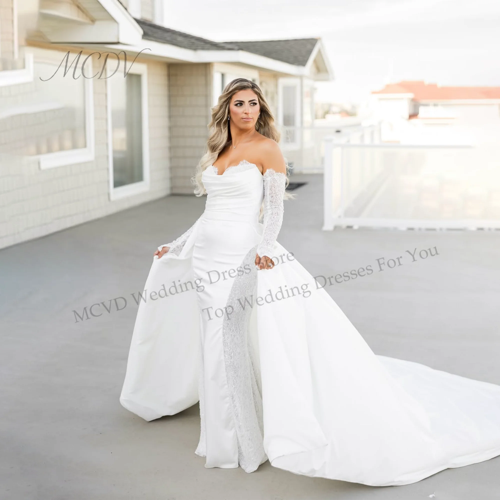 

2 In 1 Wedding Dresses Mermaid Satin Sweetheart Full Sleeve Bride Gowns Detachable Train vestido de novia boda Customize