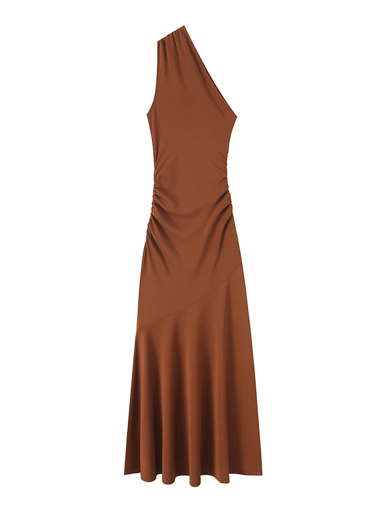 Women Fashion Long Asymmetric Gathered Dress One Shoulder Flowing Female Dresses Vestidos Mujer