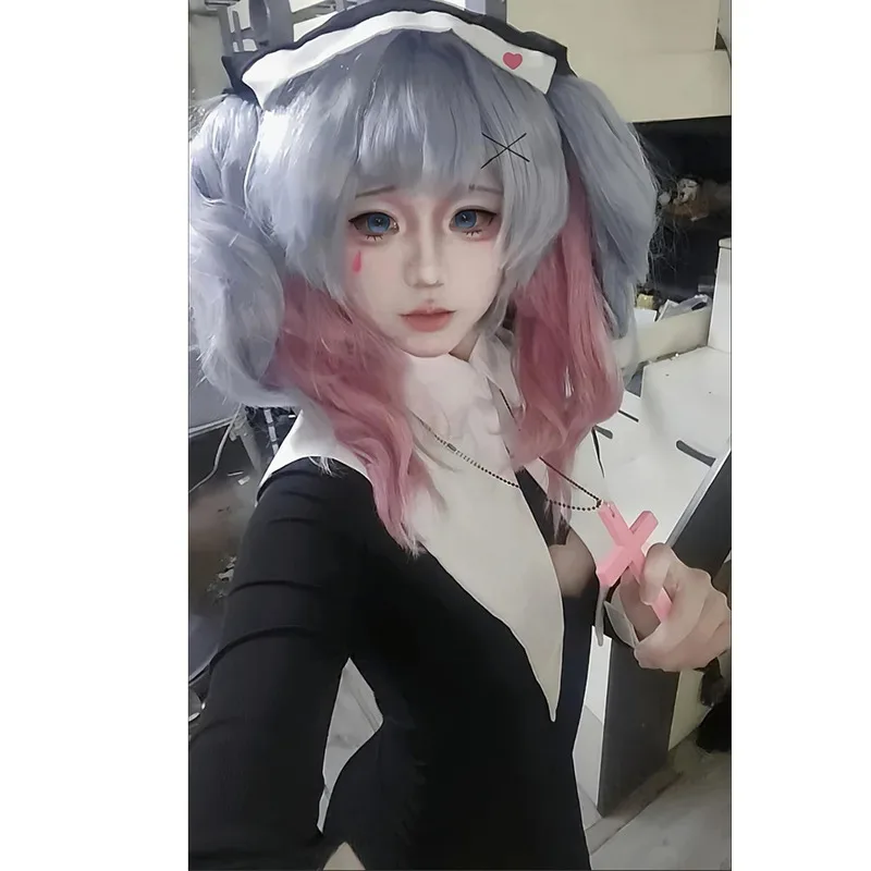 AIAI 2025 미쿠 토끼공간 수녀 검정 롱 드레스 (헤드스카프 & 목걸이 포함) 여성 소녀 섹시 코스프레 의상 가발 할로윈 파티