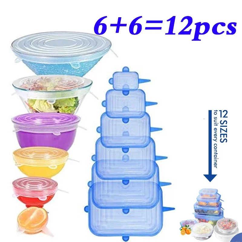 12pcs Silicone Stretch Lids Round Rectangle Magic Lids Reusable Food Covers for Bowls Cups Cans Shapes of Container Dishwasher