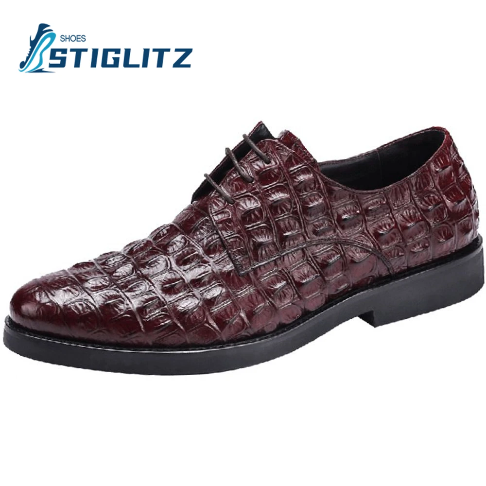 Crocodilo em relevo com cadarço Oxfords, mocassins de couro genuíno masculino, sapatos rasos de dedo do pé redondo, roupa formal, casual