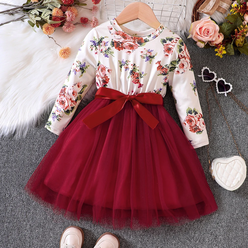 Girls' Summer Floral Patchwork Mesh Long Sleeved Dress For Primary And Secondary School Children