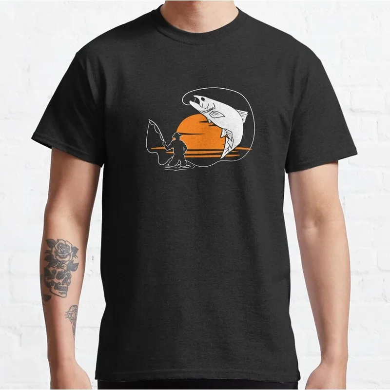 Fly Fishing Angler T-Shirt Retro Fisherman Graphic Tee Unisex 100% Cotton Print Short Sleeve Outdoor Hobby Casual Tops S-6XL