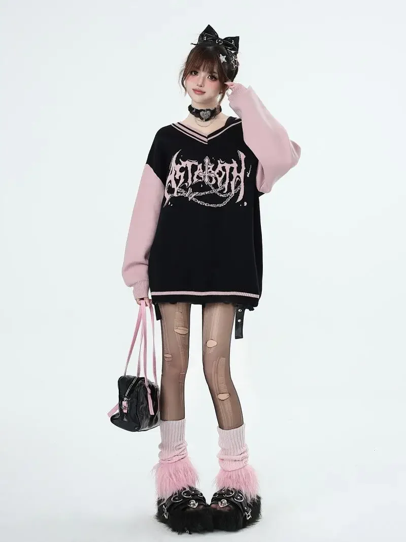 Y2k Oversized Sweater Women Gothic Punk Long Sleeve Loose Top 2023 Fall and Winter New Strapless V-neck Splicing Knit Pullover