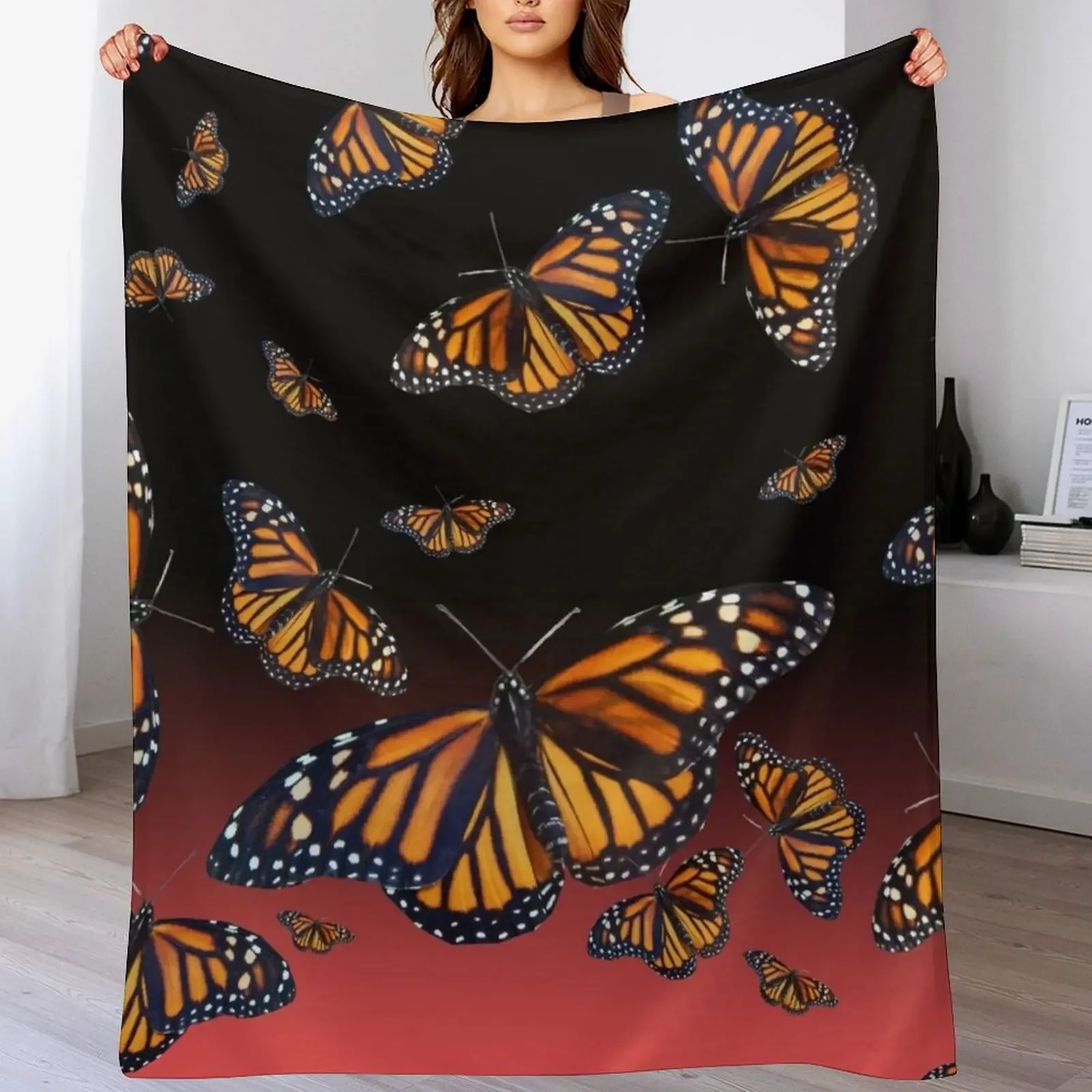 

red monarch butterfly pattern Throw Blanket Picnic Decorative Beds wednesday Quilt Blankets