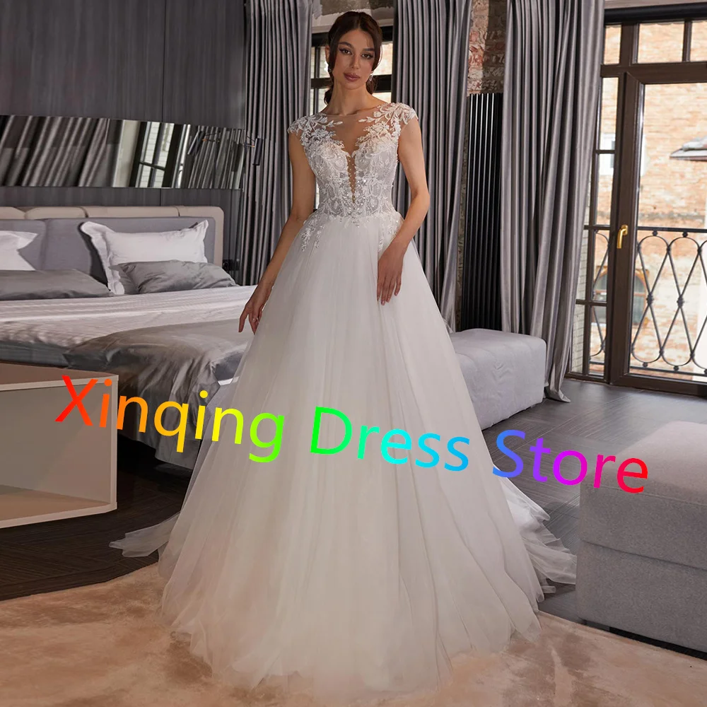 Simple Cap Sleeves Tulle Wedding Dress Elegant O-neck Appliques Lace Bridal Gowns High Quality A-line Vestido De Novia 2024