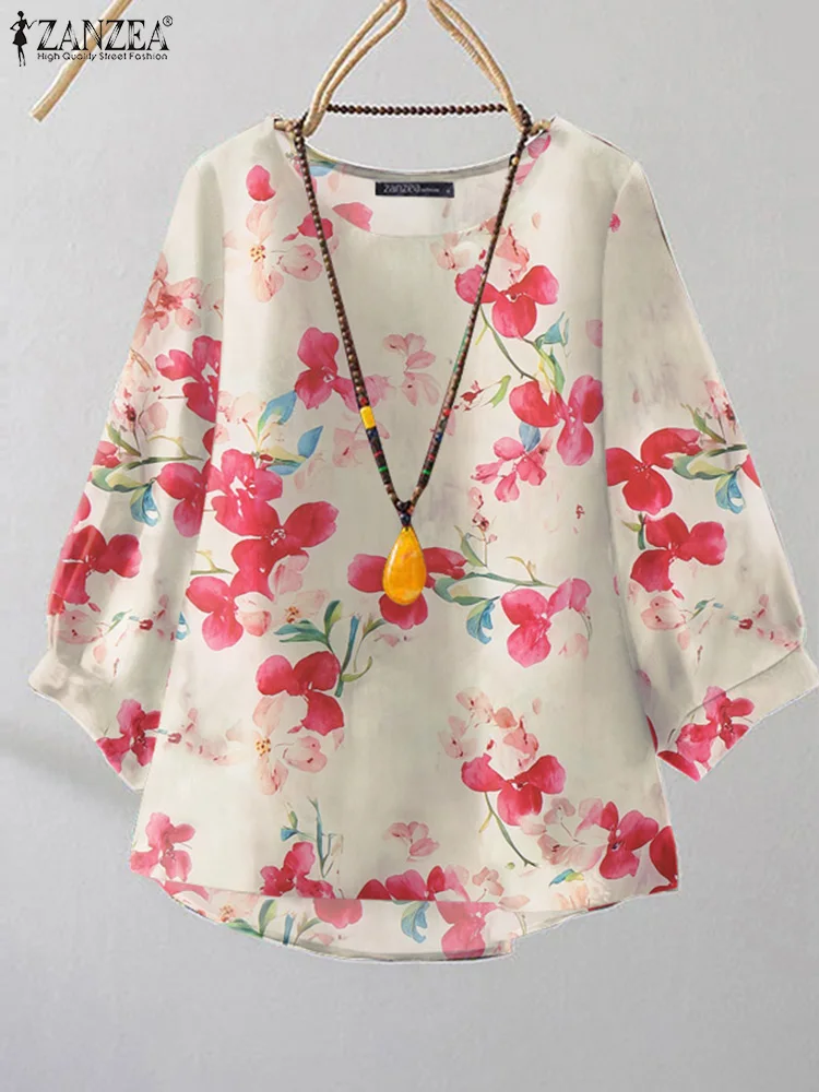 

ZANZEA Women Tree Quater Sleeve Tops Korean Printed Blouse Fashion O-Neck Blusas Casual Loose Tunics Vintage 2025 Summer Shirts