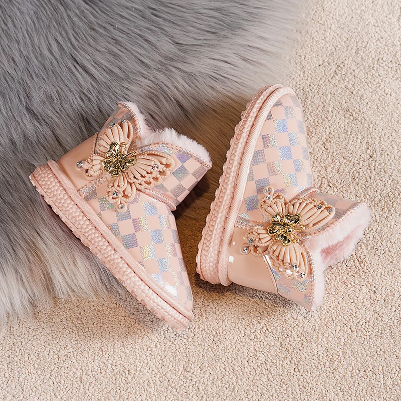 Girls PU Cute Snow Boots Pink Checkerboard with Bow Pretty Princess All-match Short Boots Winter New 2022 Casual Kids Fashion