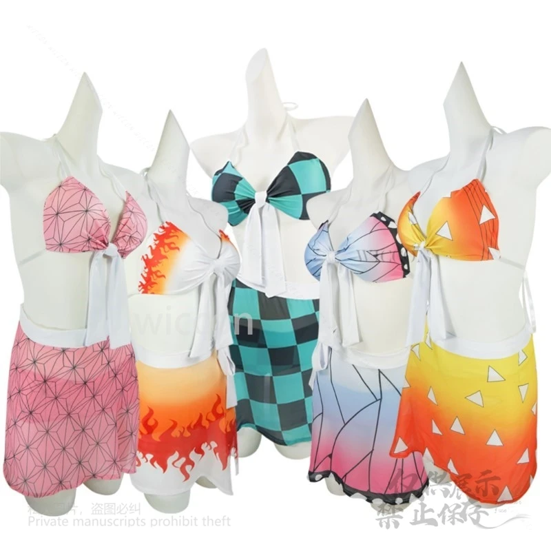 อะนิเมะ Kanroji Mitsuri ชุดว่ายน้ําคอสเพลย์เครื่องแต่งกาย Tanjirou Kamado ชุดว่ายน้ําเซ็กซี่ผู้หญิง Lolita Nezuko เซ็กซี่ชุดเครื่องแบบฤดูร้อนชุด