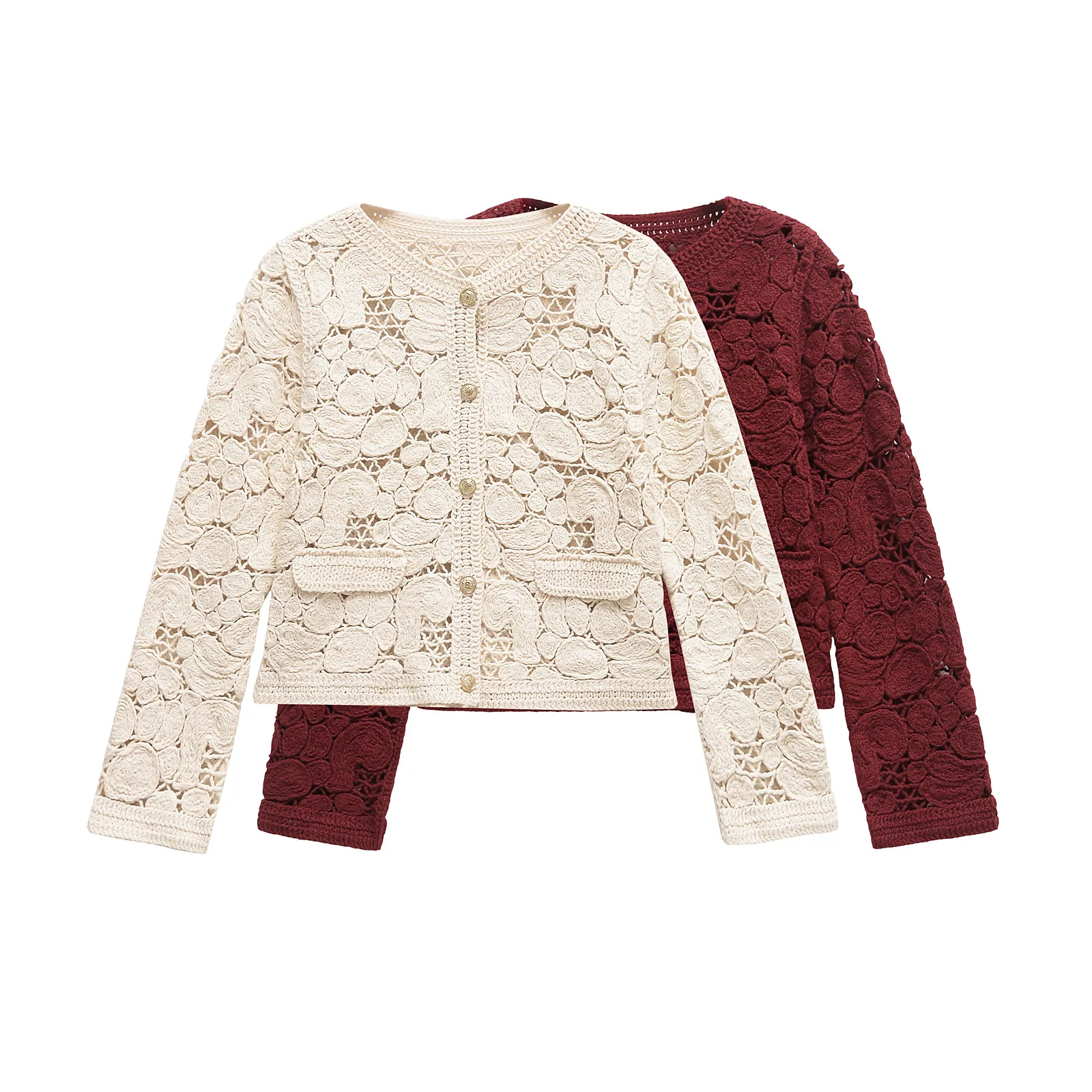 

женский вязаный кружевной кардиган с полым дизайном, однобортный пиджак с круглым вырезом и длинными рукавами, новый шикарный топ на весну и лето