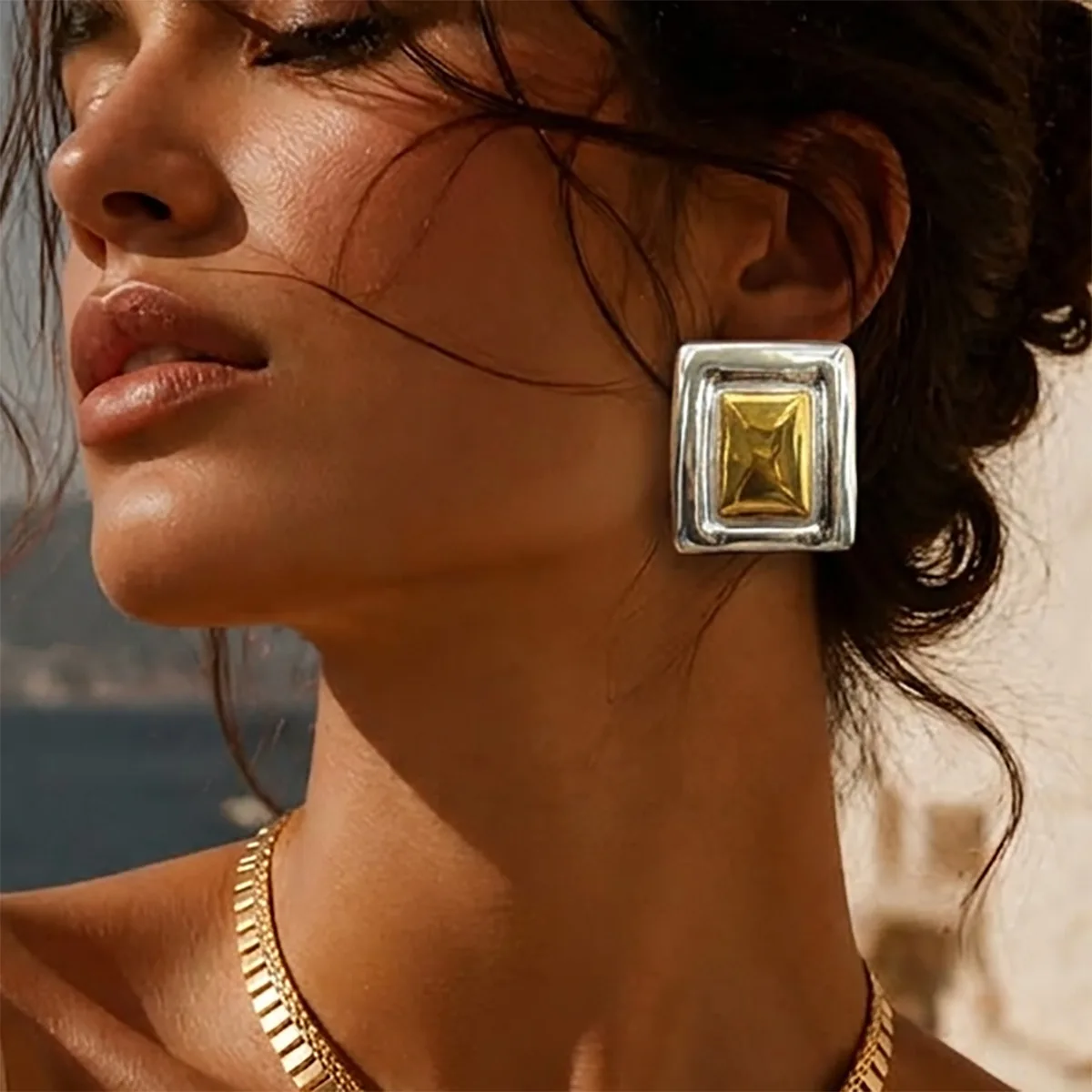 Earring Stainless Steel Square Two Tone Polished Contrast Commute Office Heavy Durable Premium Jewelry for Women
