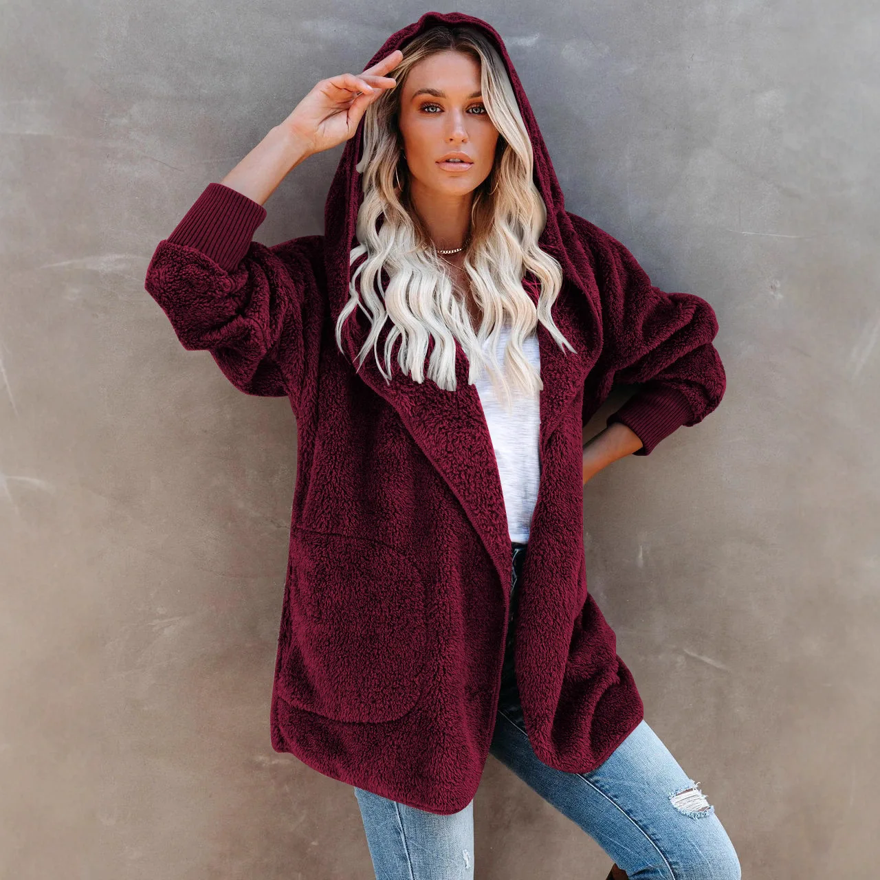 Abbigliamento Donna Autunno Inverno Winter Warm Cardigan Sweater Women's Solid Color Hooded Casual Plush Jacket Ensembles Pulls