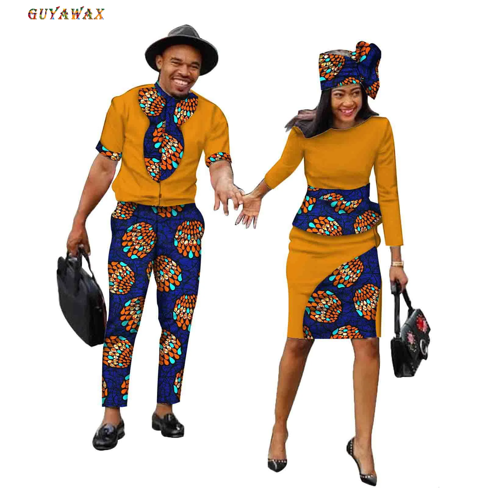 African Couple Clothes Women Print Round Neck Lady Office Elegant Dress Match Men Outfits Dashiki Shirts and Pants Sets Wedding