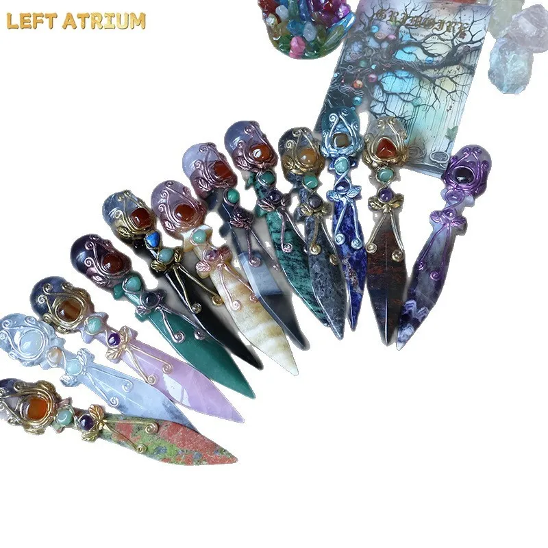 1PC Natural Crystal Athame Model Hand Carved Obsidian Chevron Amethyst Crystal Knife Witchcraft Altar Decor